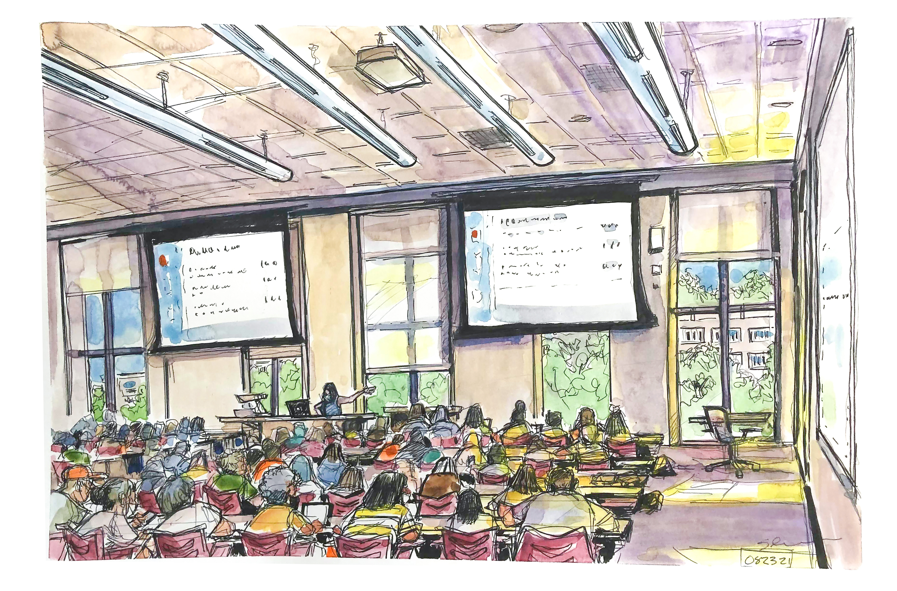 Ink and watercolor sketch of a lecture in Human Dimensions of Plants and Wildlife by Dr. Ashley Dayer