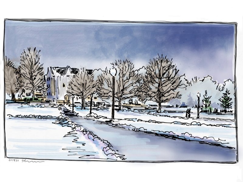 Ink and digital color sketch of snowy Drillfield on the first day of classes, Spring Semester 2022