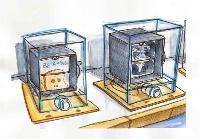 Ink and watercolor sketch of two flipbook machines in New Classroom Building