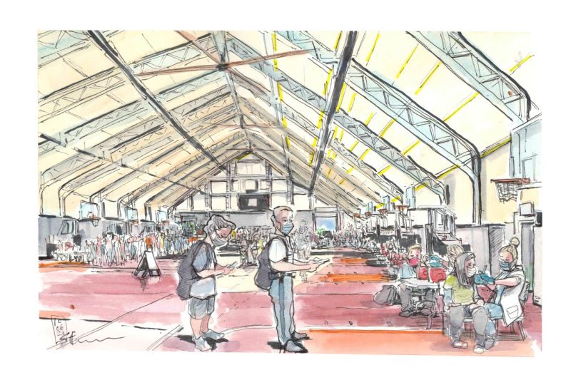 Ink and watercolor sketch of flu clinic inside the rec sports fieldhouse