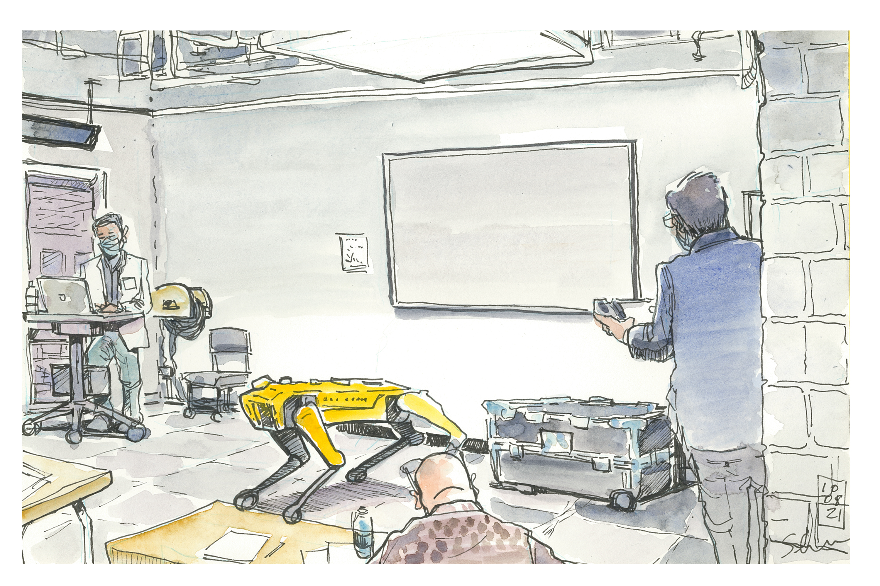 Ink and watercolor sketch of robo device Spot inside room 132 of Bishop-Favrao Hall. Two researchers appear. One uses a remote control interface to control Spot. 