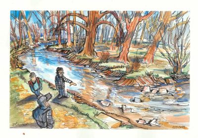 Ink and gouache sketch of a geography class nature walk along the Stroubles Creek Tributary feeding the Duck Pond