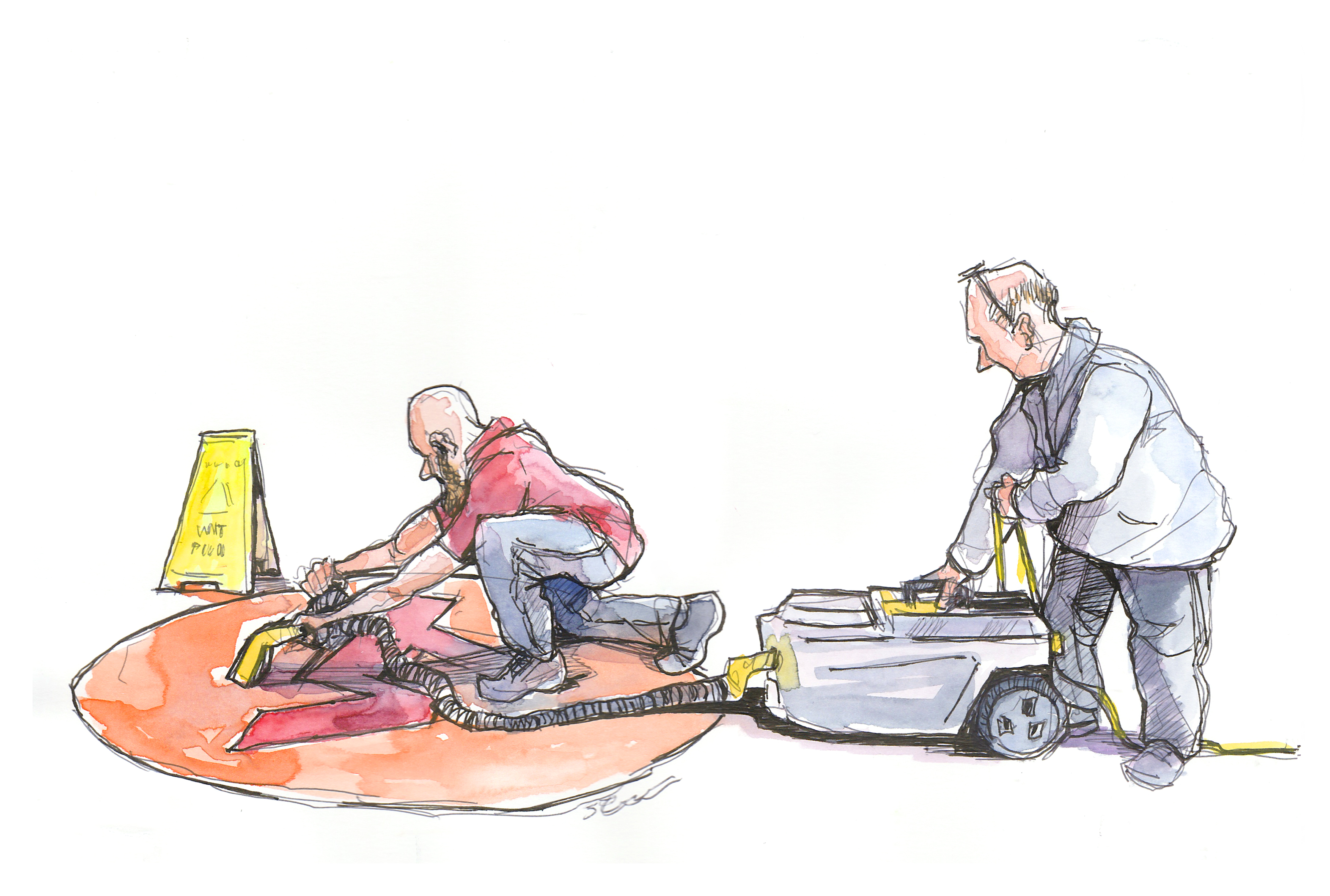 Two employees in a sketch with watercolor and ink vacuuming up a spill