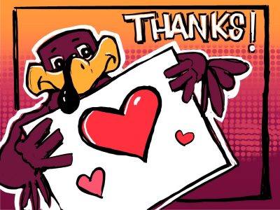 Digintal sketch of the HokieBird holding giant card with hearts on it as thanks for Giving Day! 