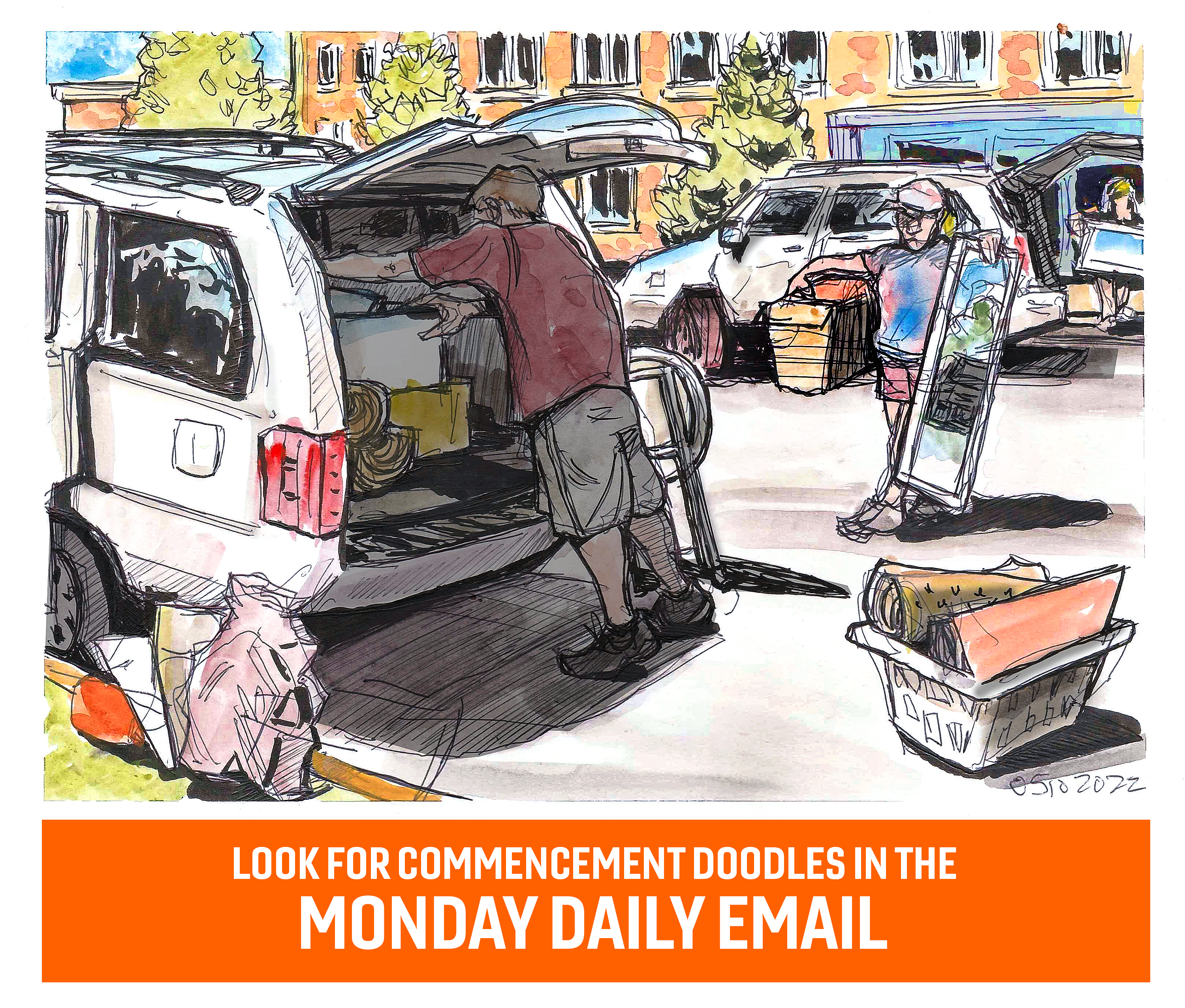 ink and watercolor sketch of a parent packing a van while another person brings a mirror from inside the GLC. 
