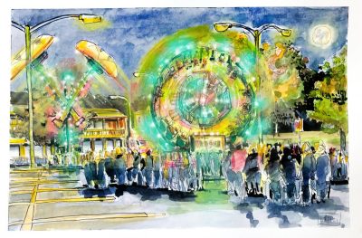 Ink and watercolor sketch of amusement rides at Gobbler Nights for Welcome Week