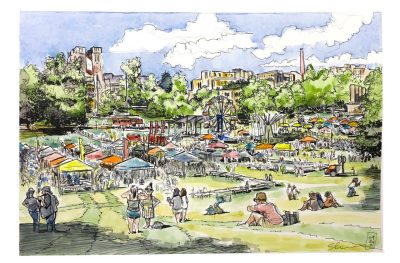 Sketch in ink and watercolor of the Drillfield full of tents and people for Gobblerfest 2021