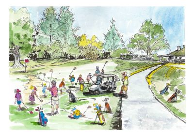 Sketch and watercolor of a golf camp at the VT golf course