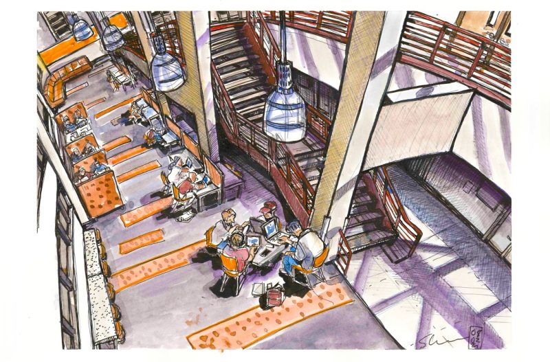 Illustration from the second floor of the Hancock Hall atrium. Overlooking tables of students. 