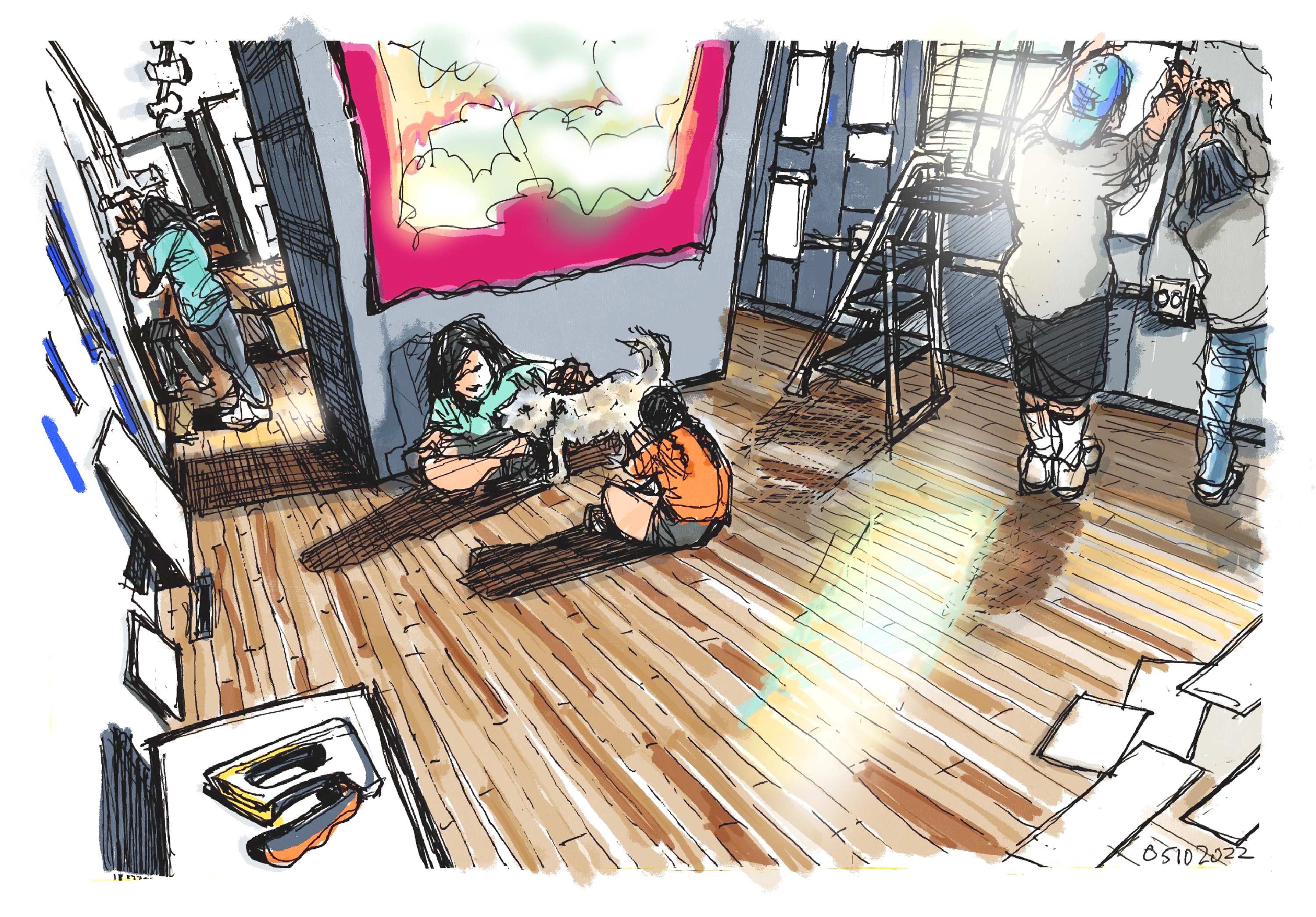 Ink and then digital color sketch of the interior of the armory gallery. Seniors are hanging their art while a couple of students pet Pickles. Light shines through a window