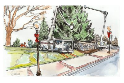 Ink and watercolor sketch of electric service employees hanging liights on an evergreen tree on a tree at the corner of University Mall and Main Street
