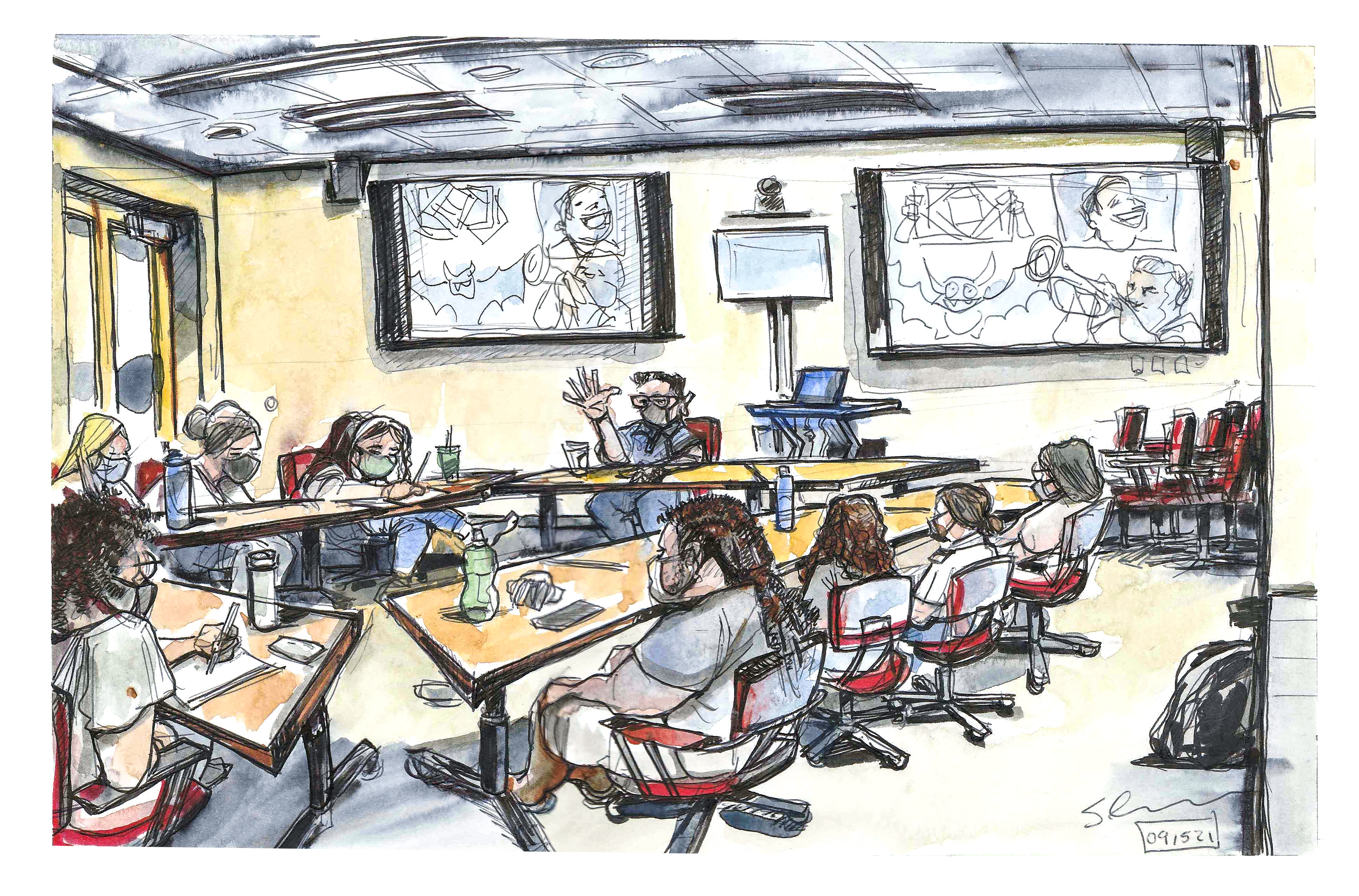 Ink and watercolor sketch of Henry Yampolsky leading a classroom of students around a group of tables discussing active listening, mediation and conflict resolution