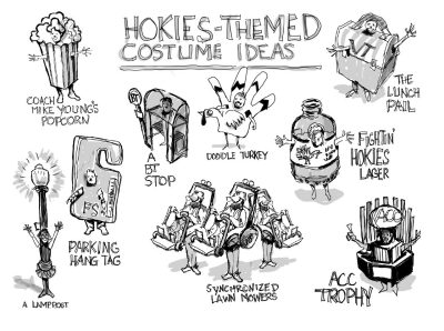 Digital sketch of a few Hokies-themed costume ideas