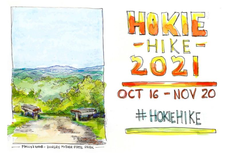 Ink and watercolor of a Hokie Hike 2021 promotion