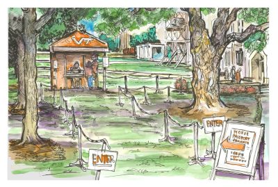 Ink and watercolor sketch of Hokie Passport Services tent in front of the student services building