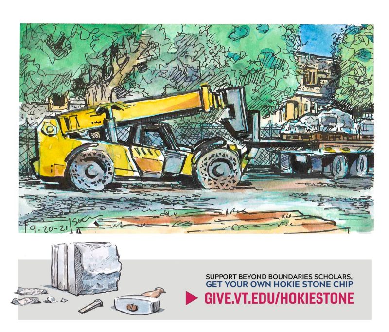 INk and watercolor sketch of a forklift unloading Hokie Stone from a truckfull of palletes with Hokie Stone masonry used on building exteriors