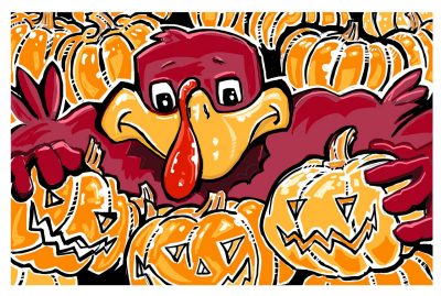 Digital sketch of the HokieBird in a pile of pumpkins! Happy October! 