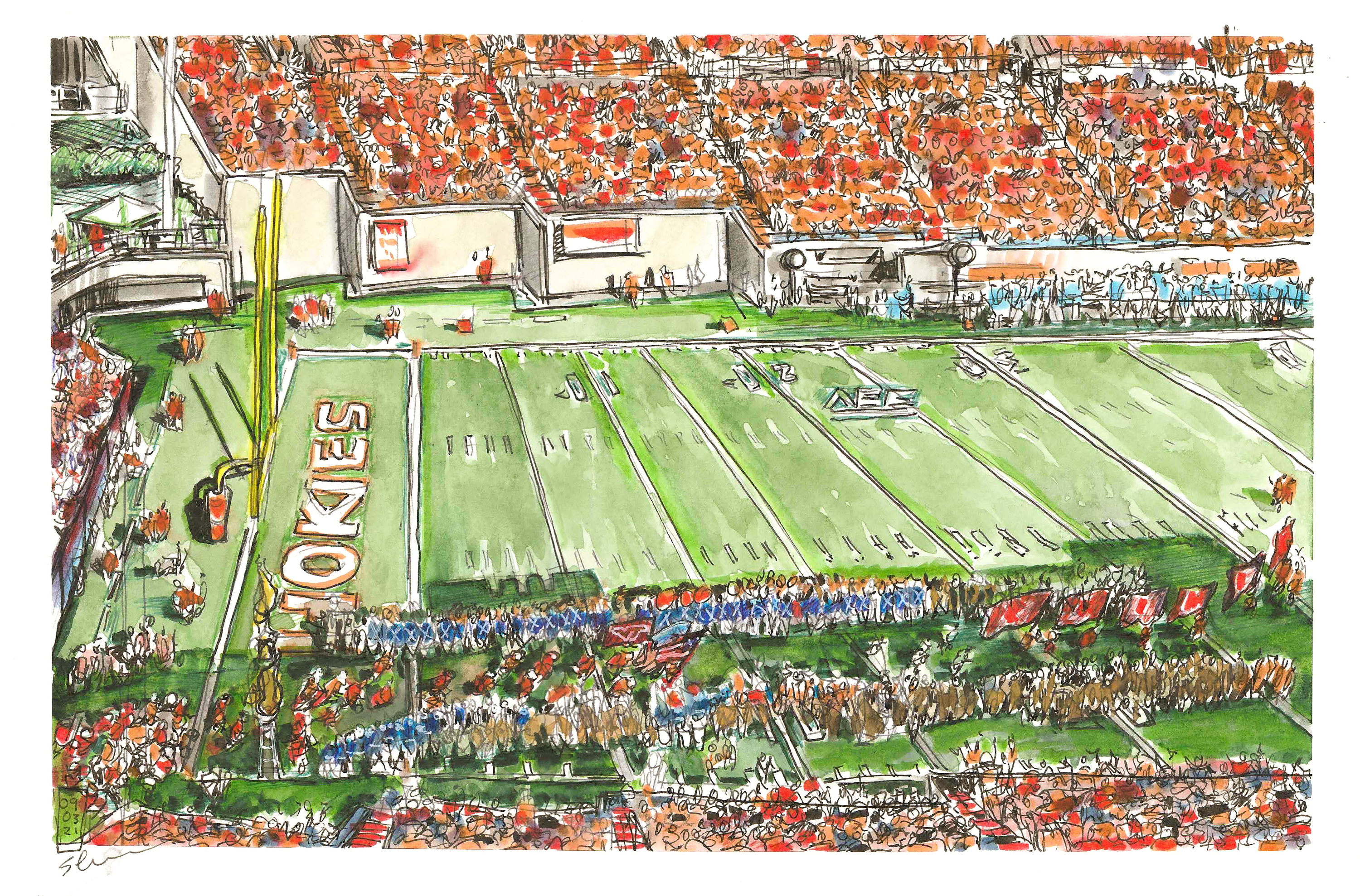 Ink and watercolor sketch of the football entrance at Lane Stadium