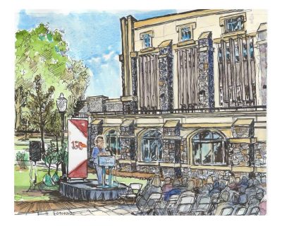 Ink and watercolor sketch of the Holden Hall rededication ceremony