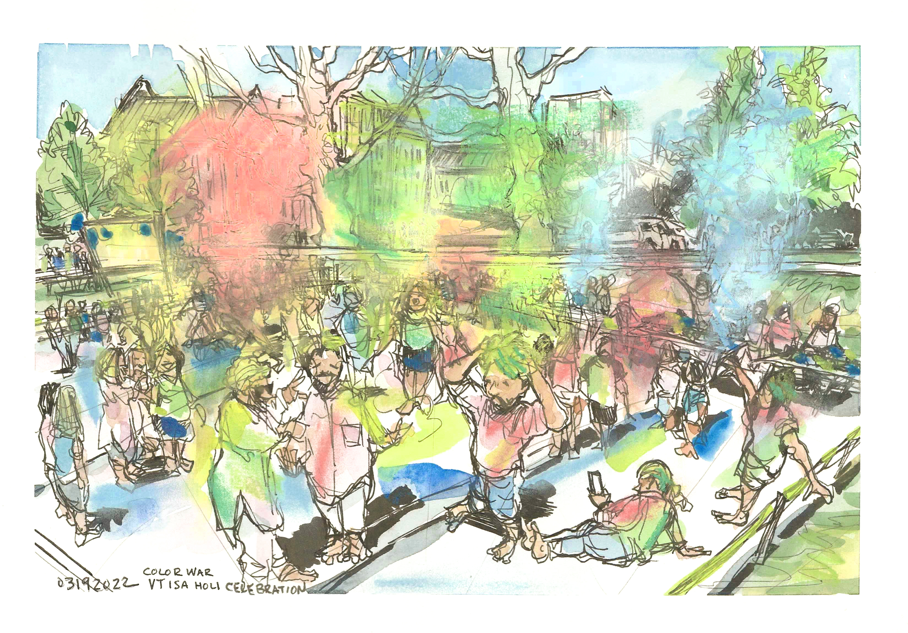 Ink, pastel, and a watercolor sketch of color war celebrating Holi