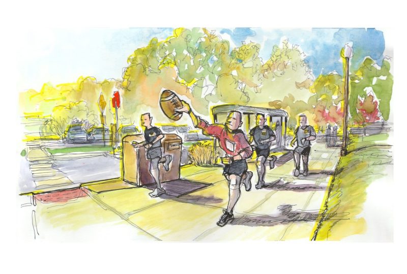 Ink and watercolor sketch of the homecoming game ball 100 mile run by the Army ROTC VTCC