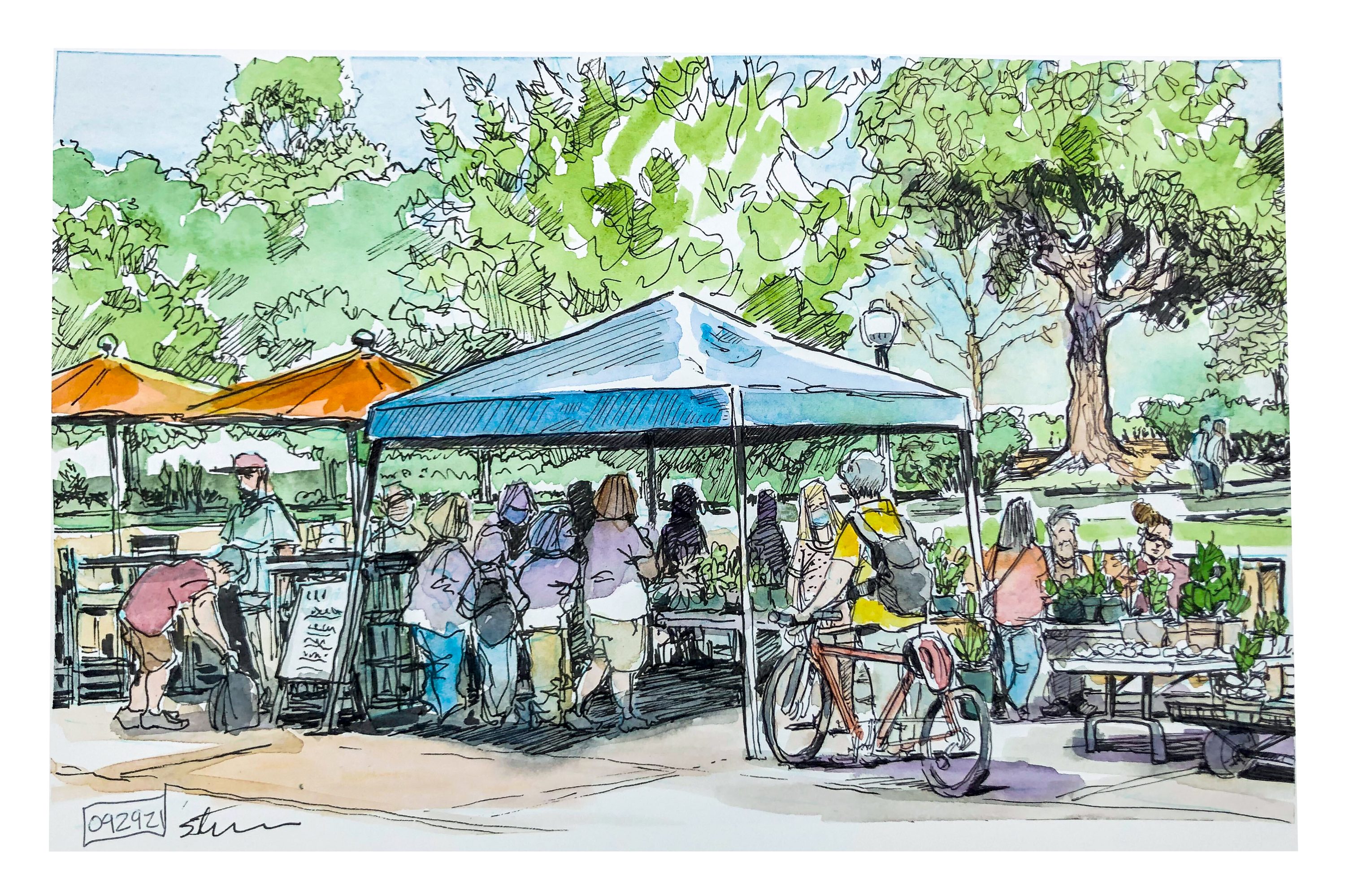 Ink and watercolor of people gathered under a tent on the Dietrick Plaza looking at indoor plants for sale by the Horticulture Club