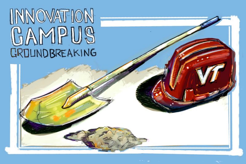 Digital sketch of a golden spade shovel and maroon Virginia Tech hard hat with the lettered words "Innovation Campus Groundbreaking" in the upper left portion of the sketch. A small pile of dirt is at the bottom of the sketch. 