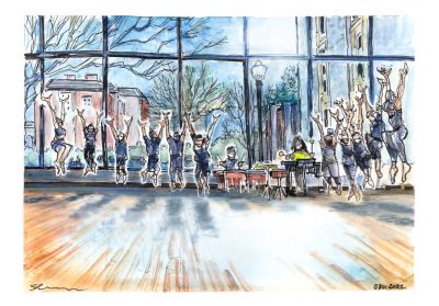 Ink and gouache sketch of intro to dance students  jumping in the air and dancing to music by the percussion ensemble. 