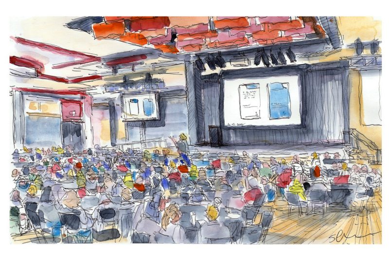 Ink and watercolor sketch of the James D. McComas Staff Leadership Seminar in Commonwealth Ballroom in Squires Student Center