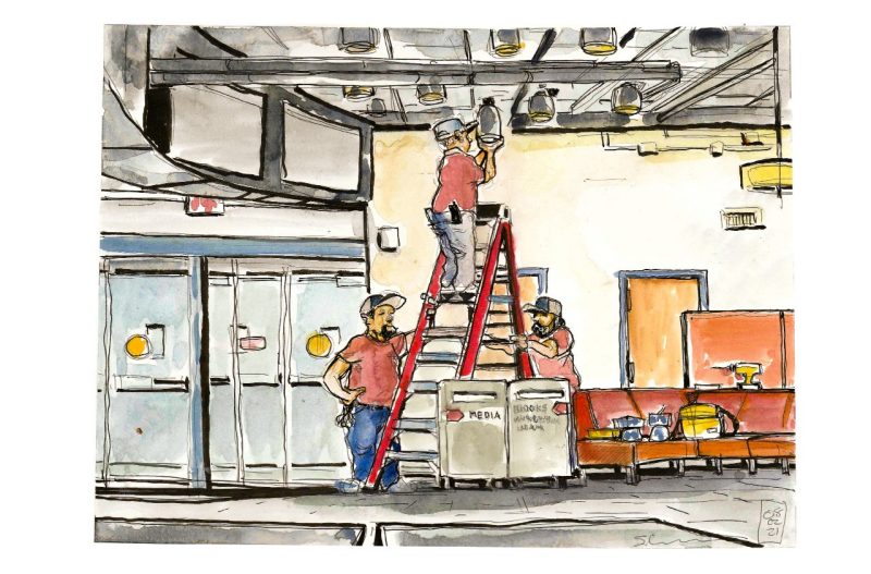 Illustration of three men working on replacing a light in the Newman Library