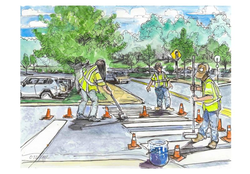 Ink and watercolor of employees painting a crosswalk 