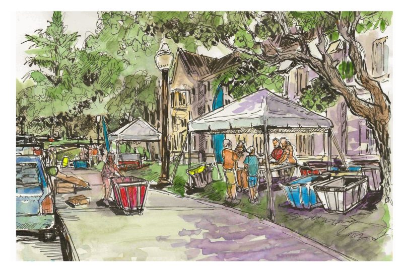Ink and watercolor sketch of carts and Main Campbell Hall on move-in day