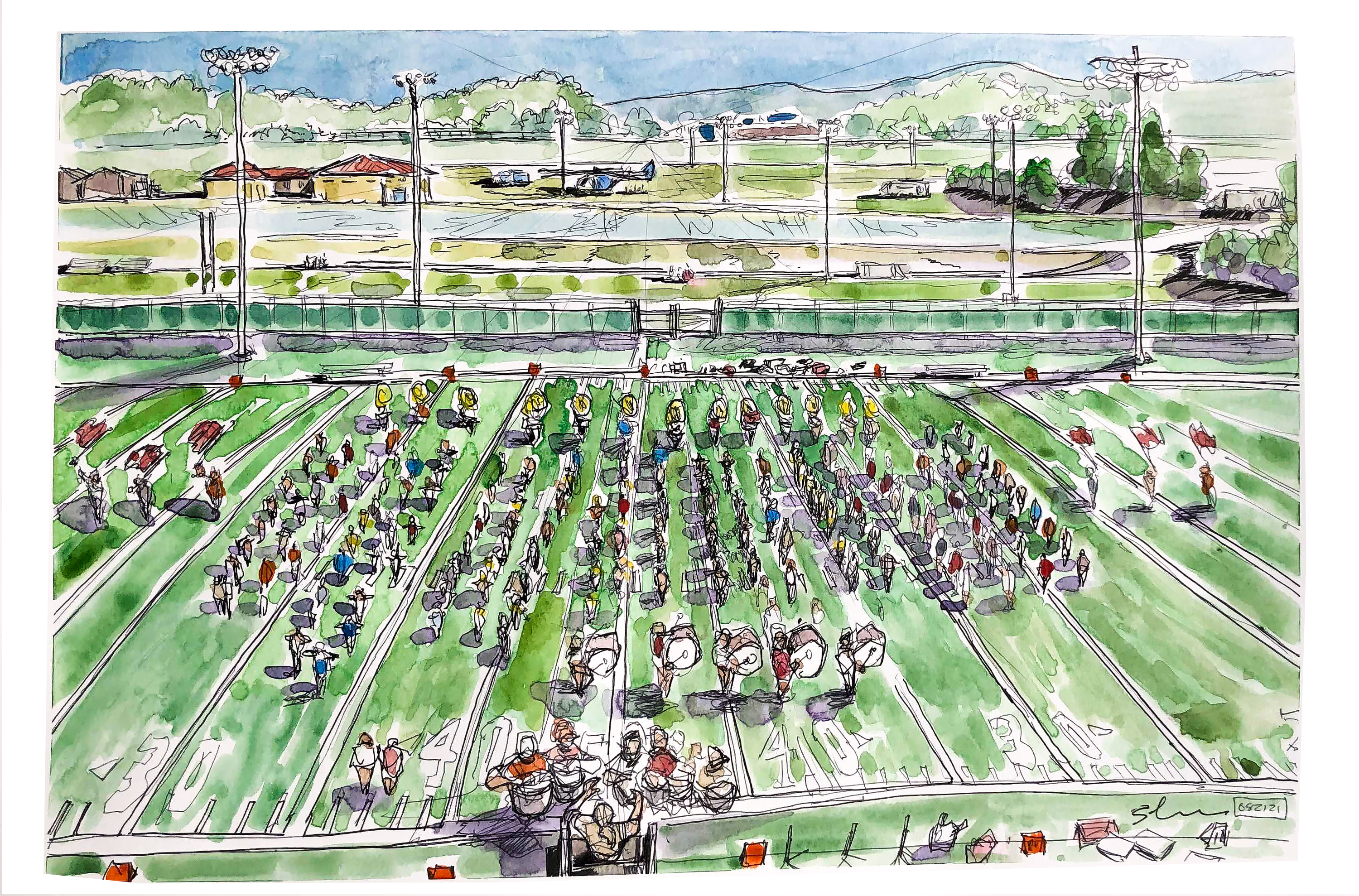 Ink and watercolor sketch of the Marching Virginians practicing music and formations