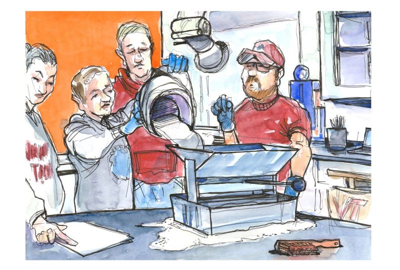 Ink and watercolor sketch of students learning to measure sample size of silica material