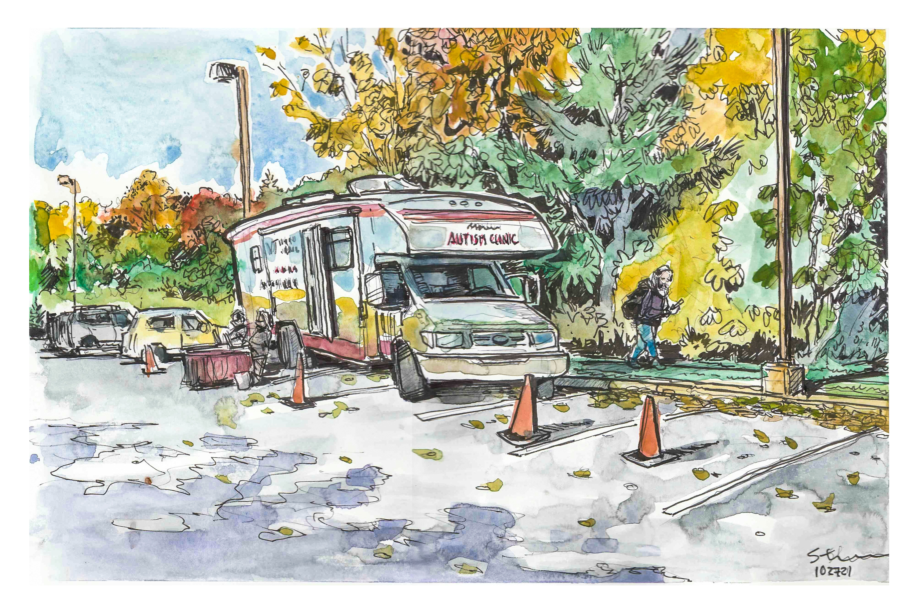 Ink and watercolor sketch of the mobile autism clinic outside the Montgomery Floyd Regional Library, Blacksburg