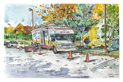 Ink and watercolor sketch of the mobile autism clinic outside the Montgomery Floyd Regional Library, Blacksburg