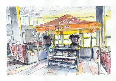 Gouache and ink sketch of the Hokieshop Official Student Bookstore