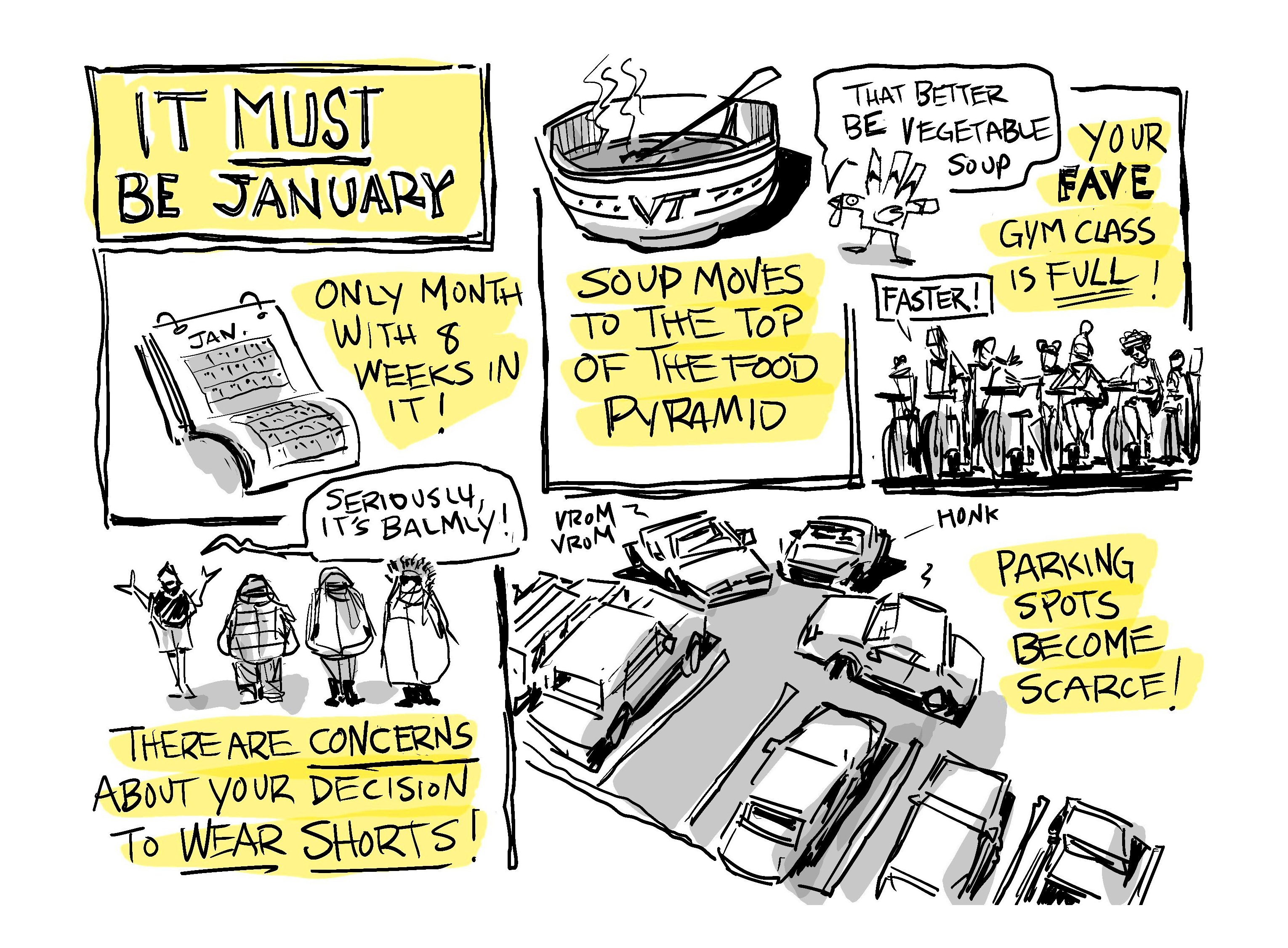 Digital panels of an 8-week calendar, someone wearing shorts in january, three cars fighting for a parking spot, soup, and a gym class that's full of people