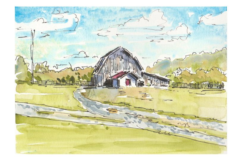 Watercolor and ink sketch of the old beef barn near the Drone Cage west of main campus