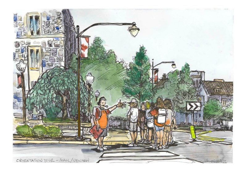 Sketch of an orientation leader stopped along University Mall gesturing to the Pylons and explaining Ut Prosim