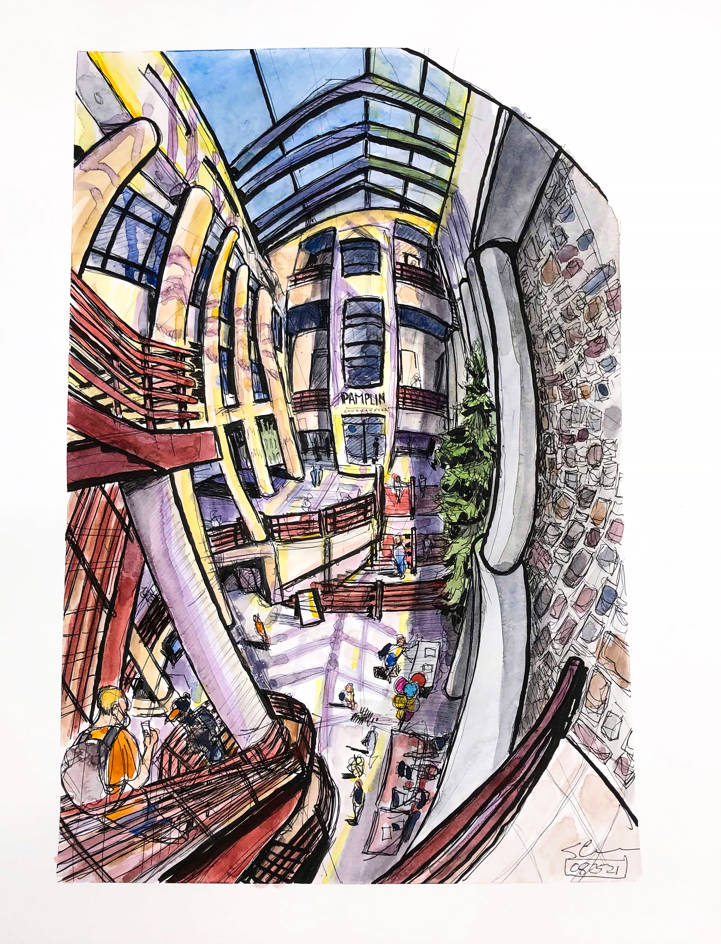Ink and watercolor sketch of the Pamplin atrium