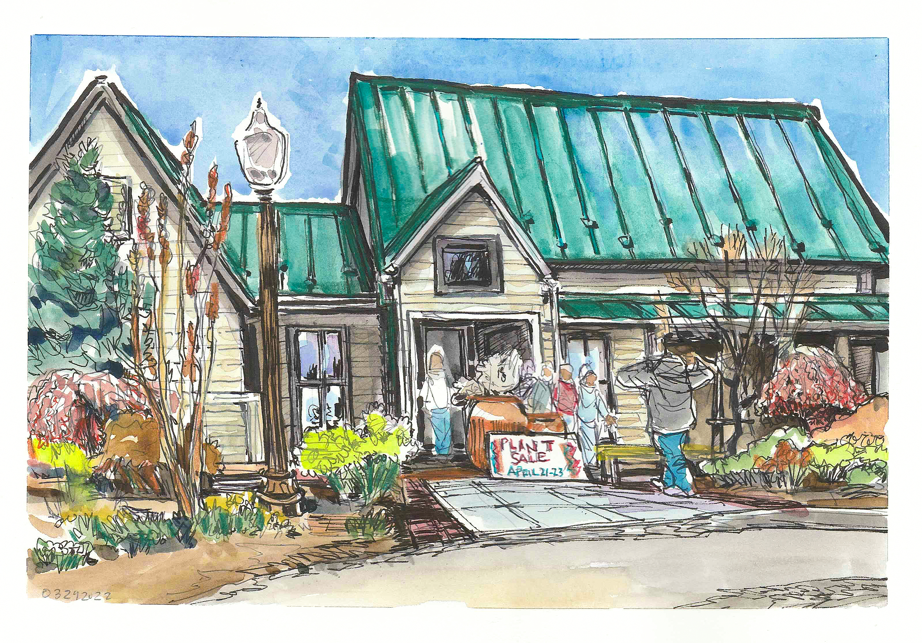 Ink and gouache sketch of the entrance to the Peggy Lee Hahn Pavilion at the Hahn Horticulture Garden