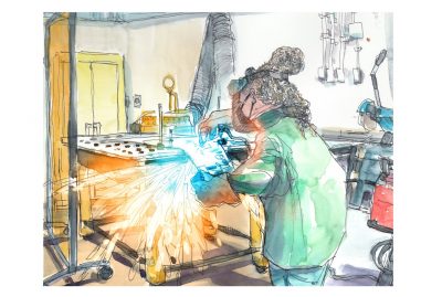 Ink and watercolor sketch of student using a plasma cutter to cut metal sheets in the CID maker space