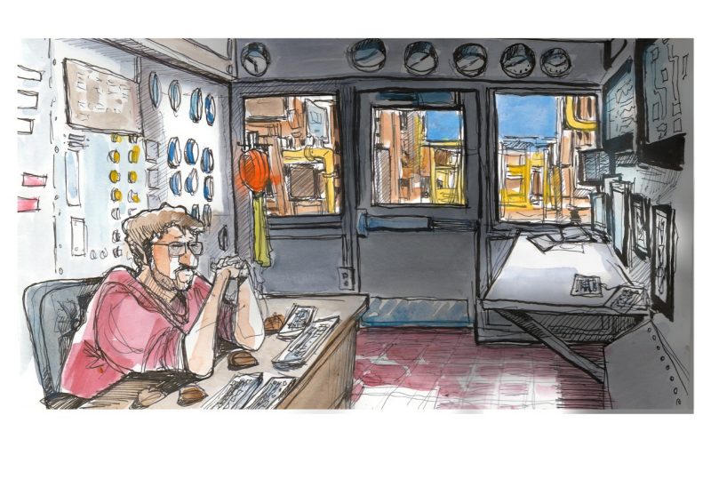 ink and watercolor sketch of the power plant control room with a controller monitoring gauges on screens against a wall