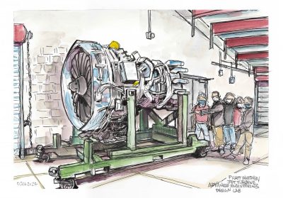 Ink and gouache sketch of a donated Pratt & Whitney Jet Enginee