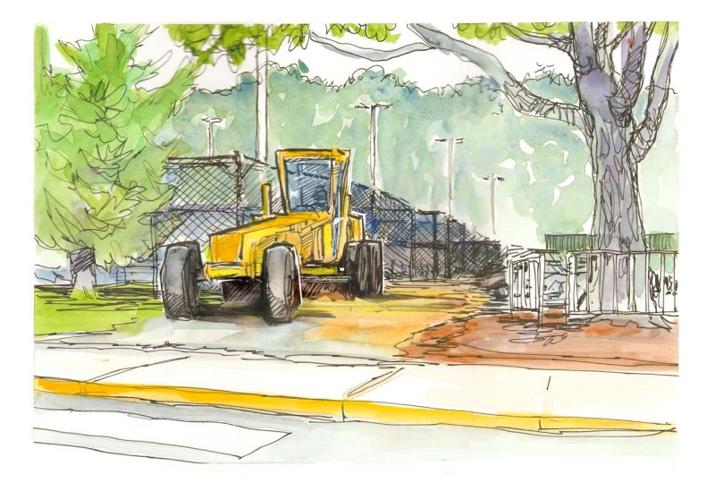 Ink and watercolor sketch of a grader making an agregate walk for the new student entrance for football between the tennis courts and basketball facility on Washington Street 