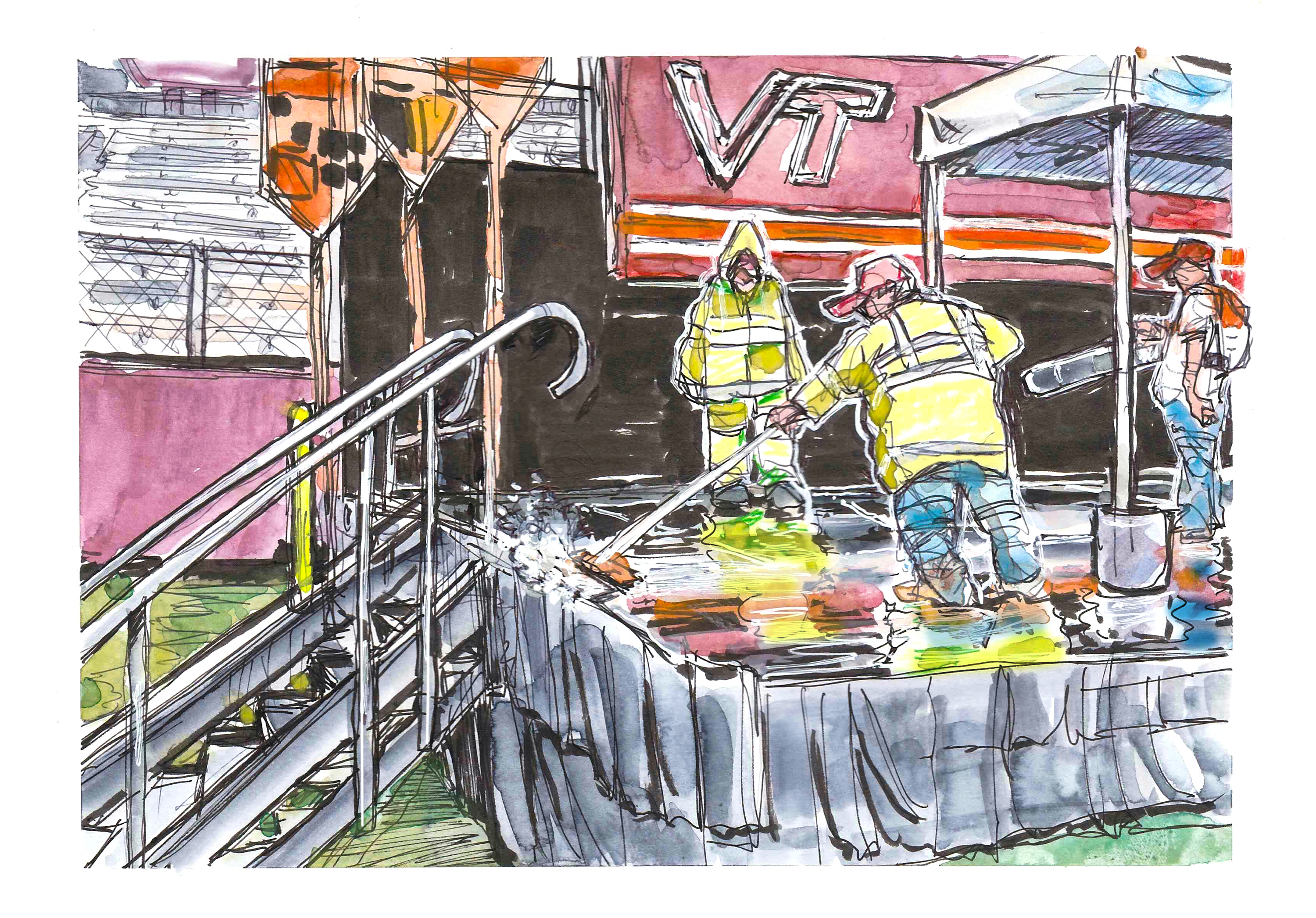 Ink and watercolor sketch of three employees sweeping rain water off the main commencement stage