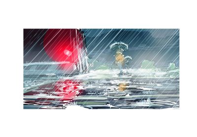 Digital sketch of a student in orange catching a BT on a rainy day; taillight glows and rain splashes on the sidewalk in the foreground; student is reflected in the wet sidewalk