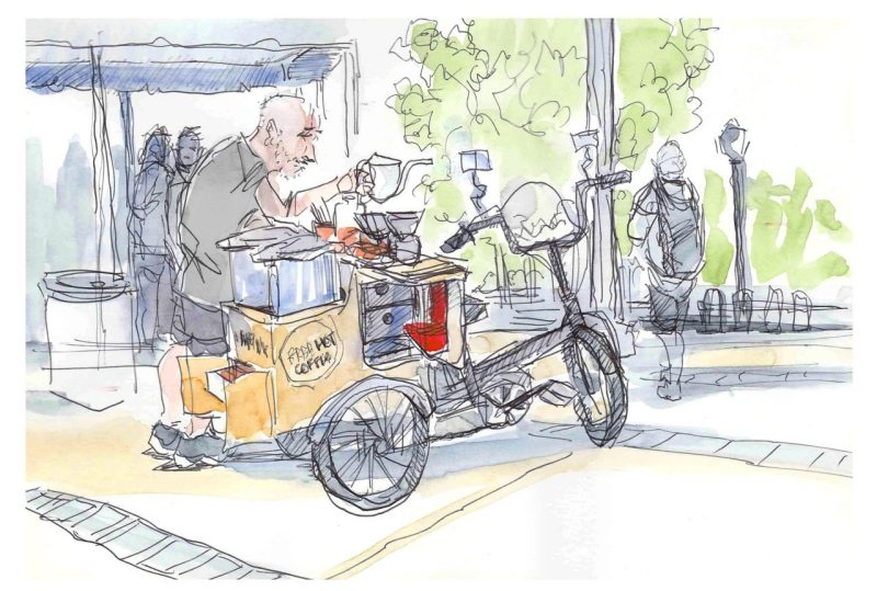 Ink and watercolor sketch of Jon Dance making a pour over coffee with the Recovery Community Free Coffee Bike