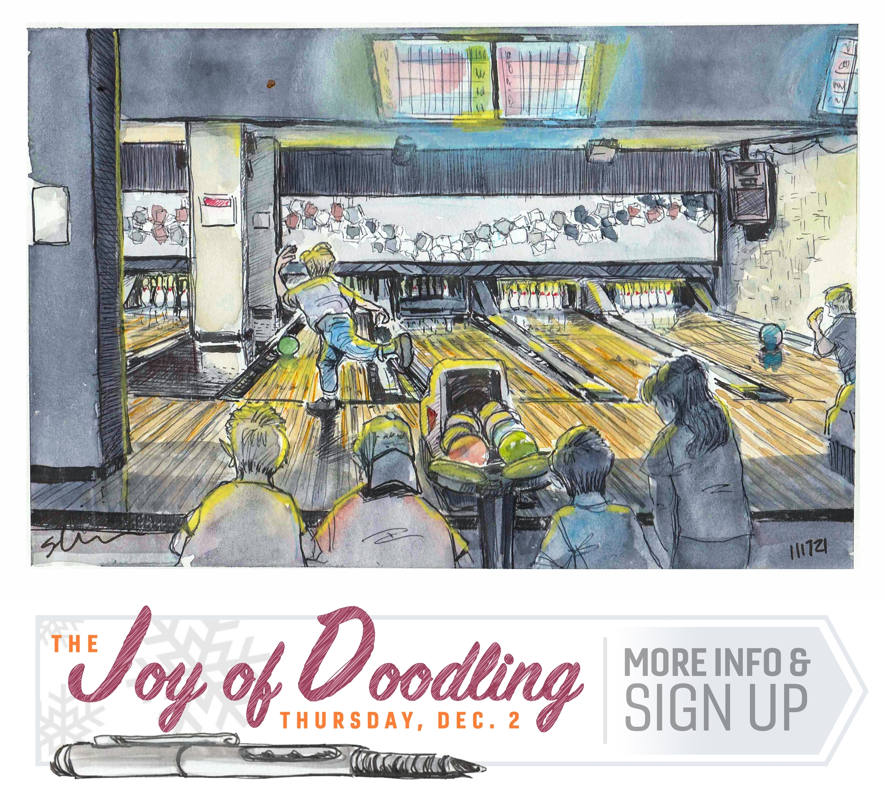 Ink and watercolor sketch of a bowling alley